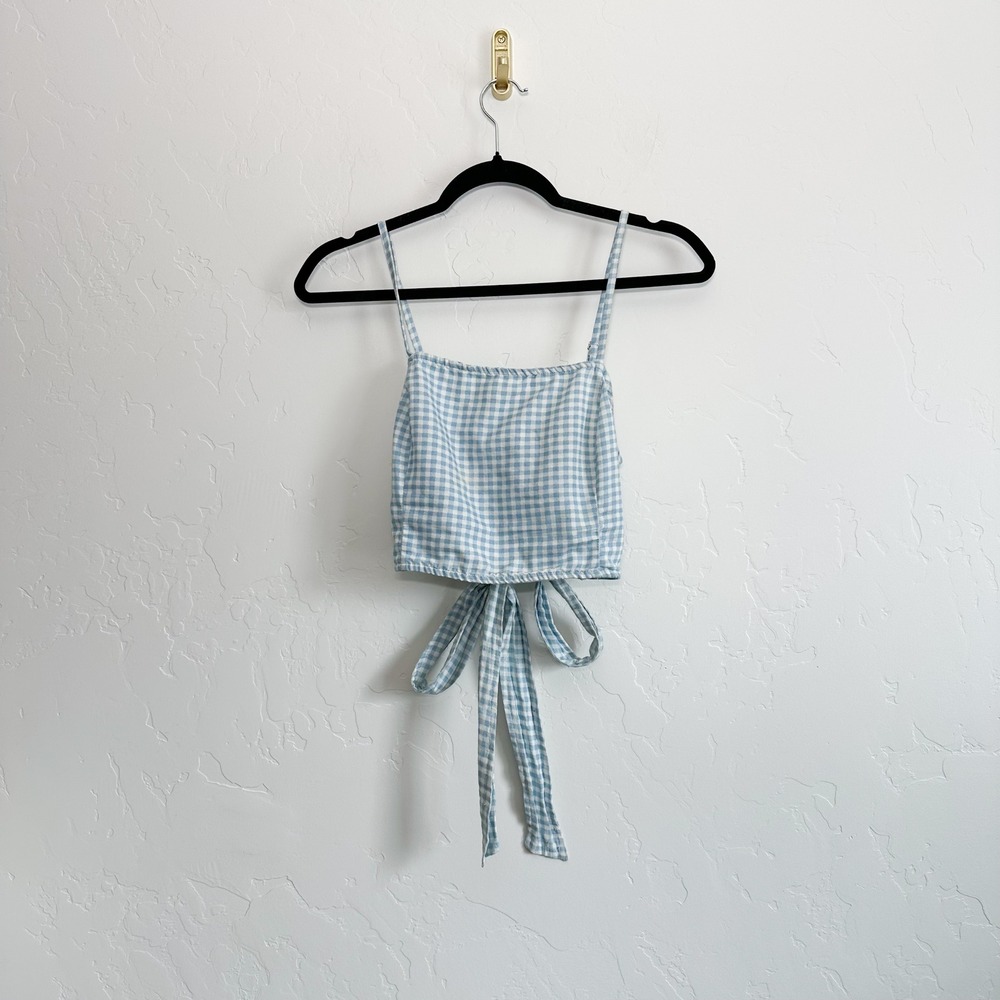 MP/D | MinkPink Toto Gingham Chambray Crop Tie Cami Top in Blue & White